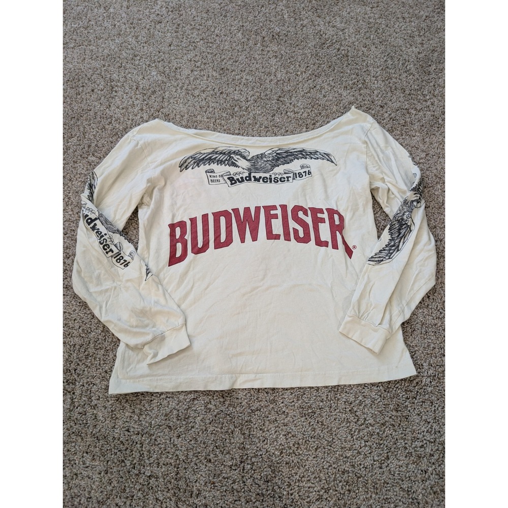 Budweiser Graphic Long Sleeve Shirt Cream Boat Neck Americana Eagle Small